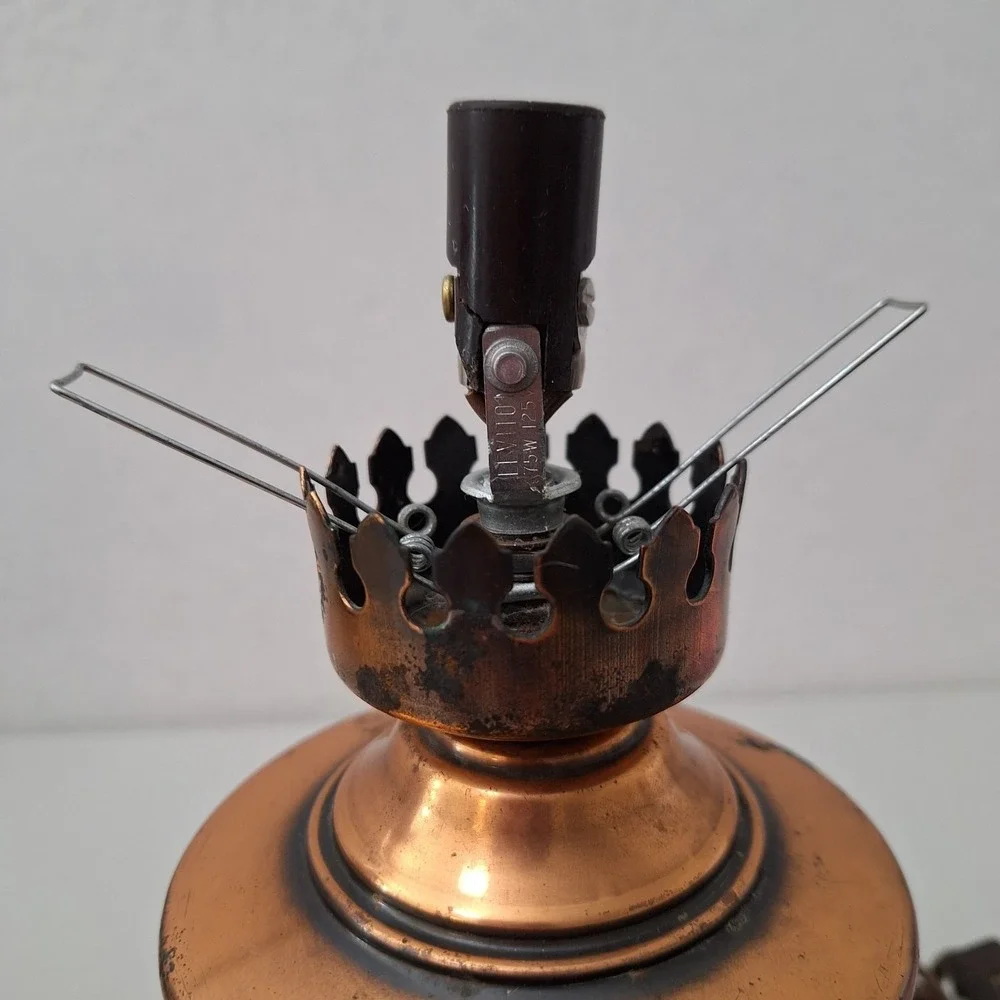 Victorian Style Vintage Table Hurricane Lamp COPPER BASE & AMBER HOBNAIL SHADE
